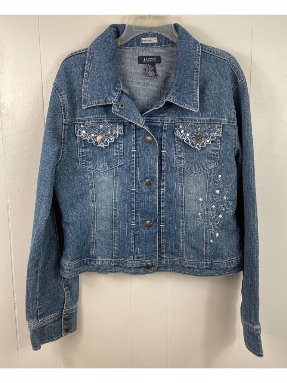 Jazzie Womens XL Blue Denim Jacket Floral Embroidery & Sequins Snap Button Front